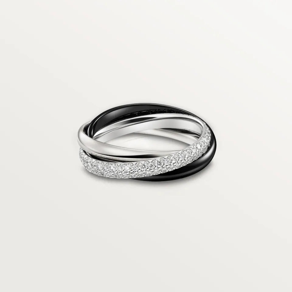 Cartier Trinity Ring Black Ceramic Small Model Half-Paved Diamonds 18K White Gold