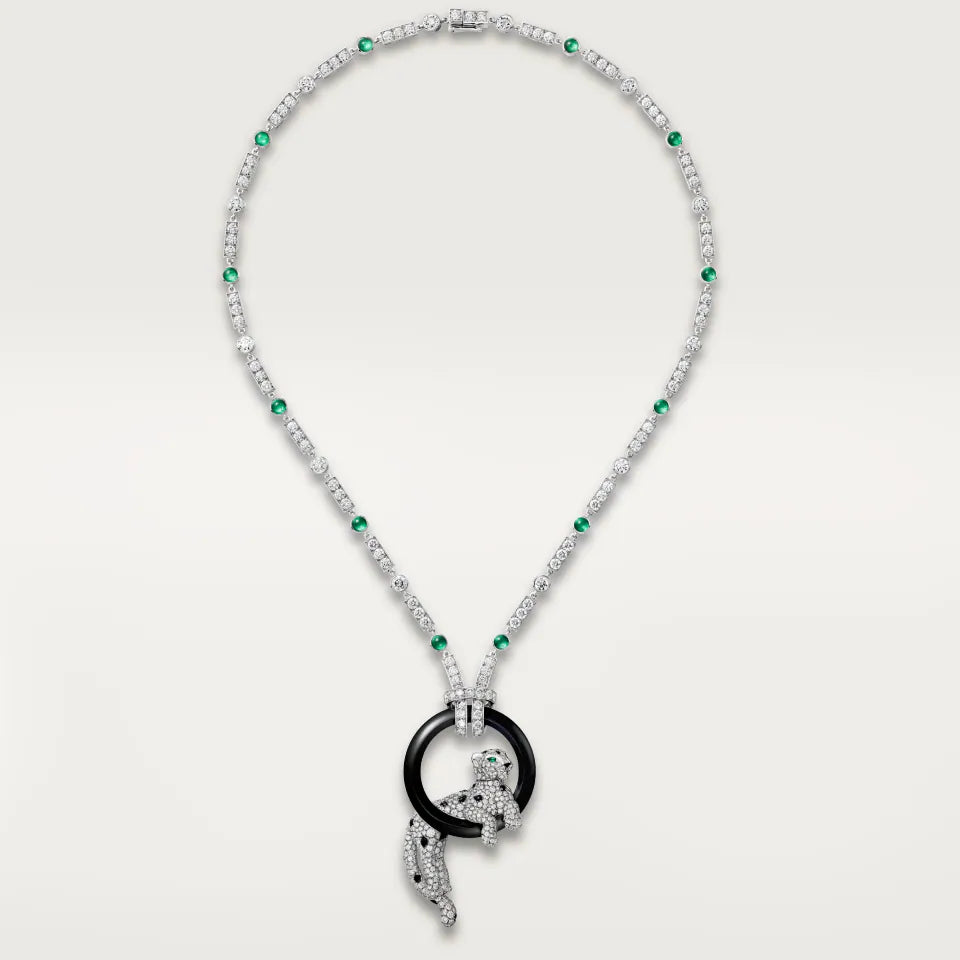 Cartier Panthère de Cartier Necklace Paved 13.77 Ct Onyx Emeralds Diamonds 18K White Gold