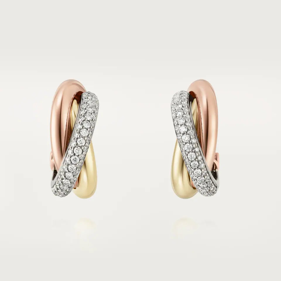 Cartier Trinity Earrings Classic Model Half-Paved Diamonds 18K White, Yellow & Rose Gold