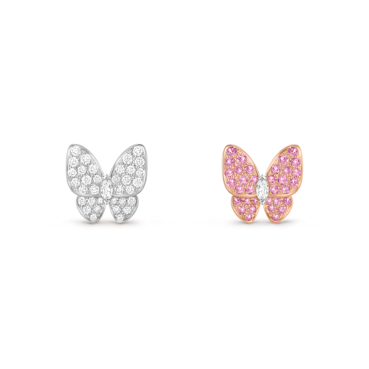 Van Cleef & Arpels Two Butterfly Diamond & Sapphire Earrings 18K White & Rose Gold