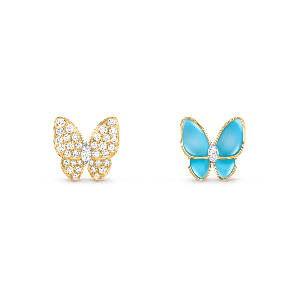 Van Cleef & Arpels Two Butterfly Diamond Turquoise Earrings 18K Yellow Gold