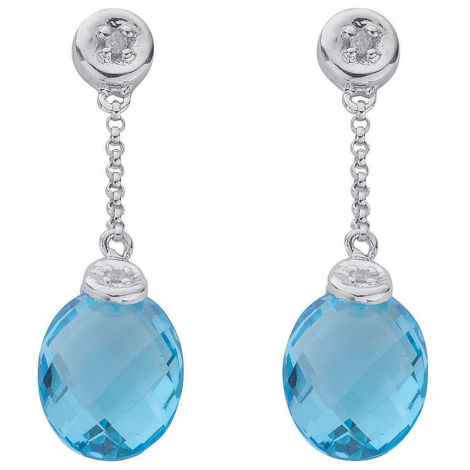 9ct White Gold 0.04ct Diamond & 6.93ct Blue Topaz Drop Earrings - 9ct Gold