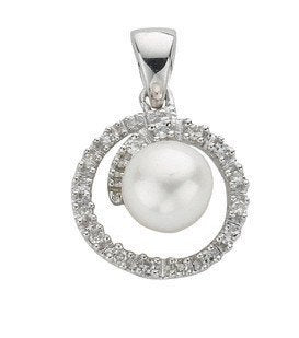9ct White Gold 0.10ct Diamond & Freshwater Pearl Pendant