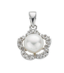 9ct White Gold 0.10ct Diamond & Freshwater Pearl Pendant - 9ct Gold