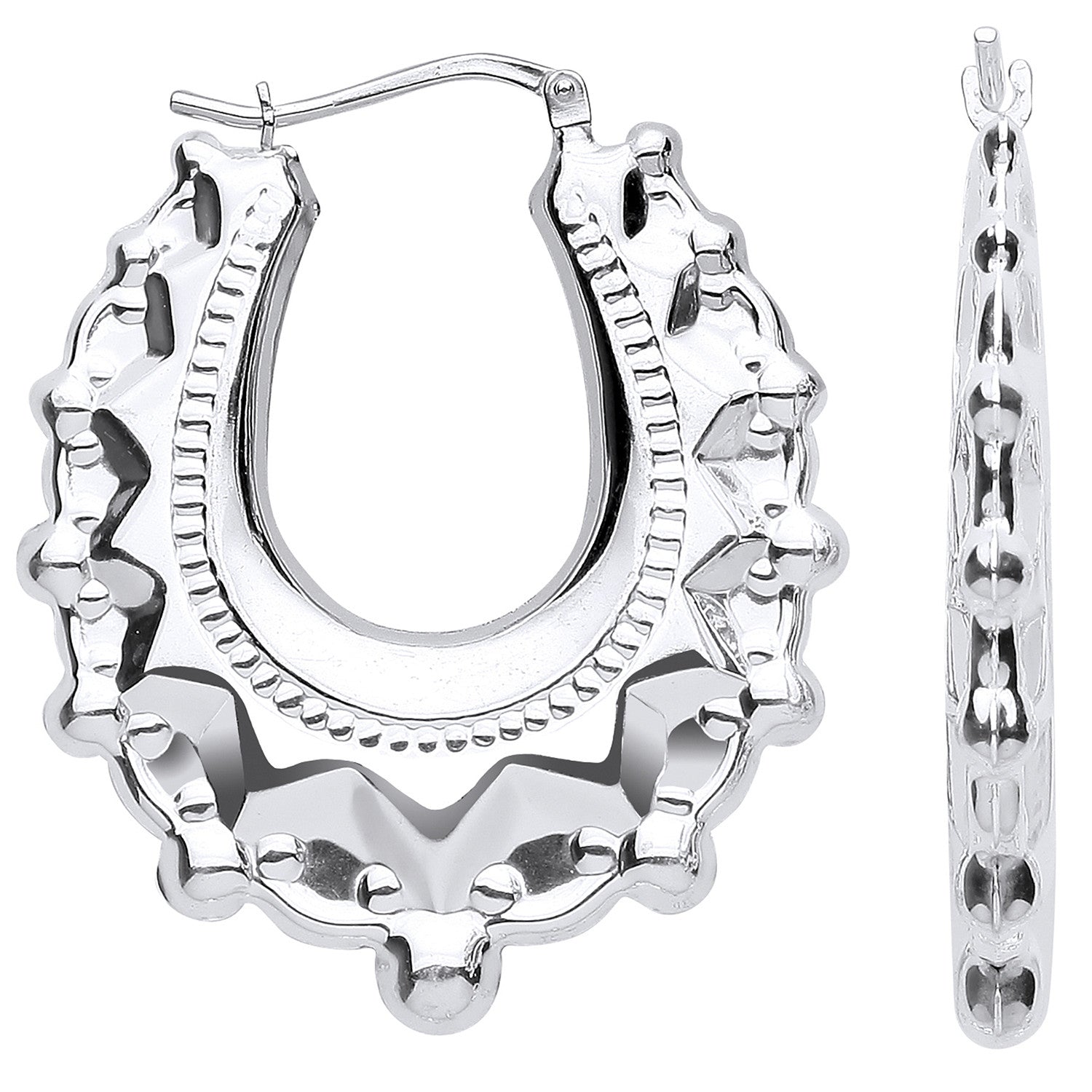 Silver Embossed Hinged Medium Oval Creoles - Silver