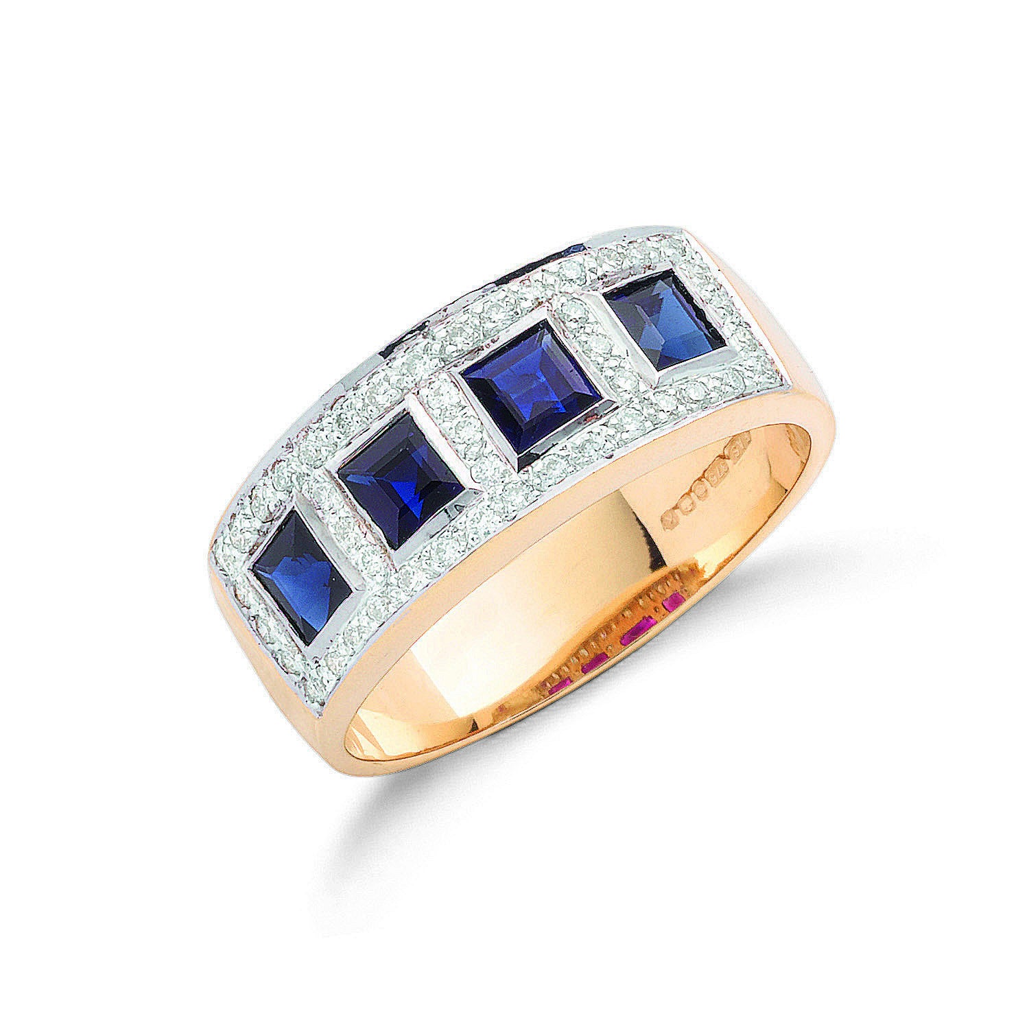 Bague éternité en or jaune 9 carats, diamants 0.22 carat et saphirs bleus 0.60 carat - Or 9 carats