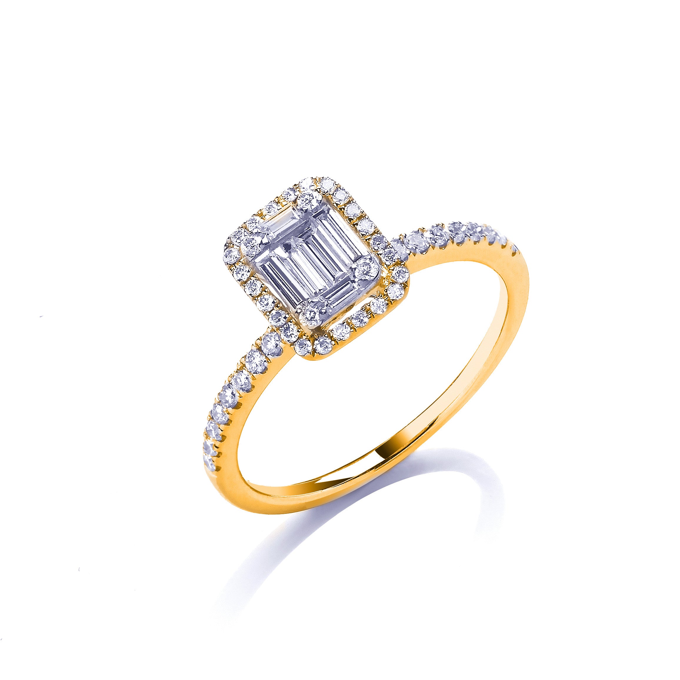 18ct Yellow Gold 0.50ct Baguette & Brilliant Cut Diamonds Rectangle Halo Ring - 18ct Gold