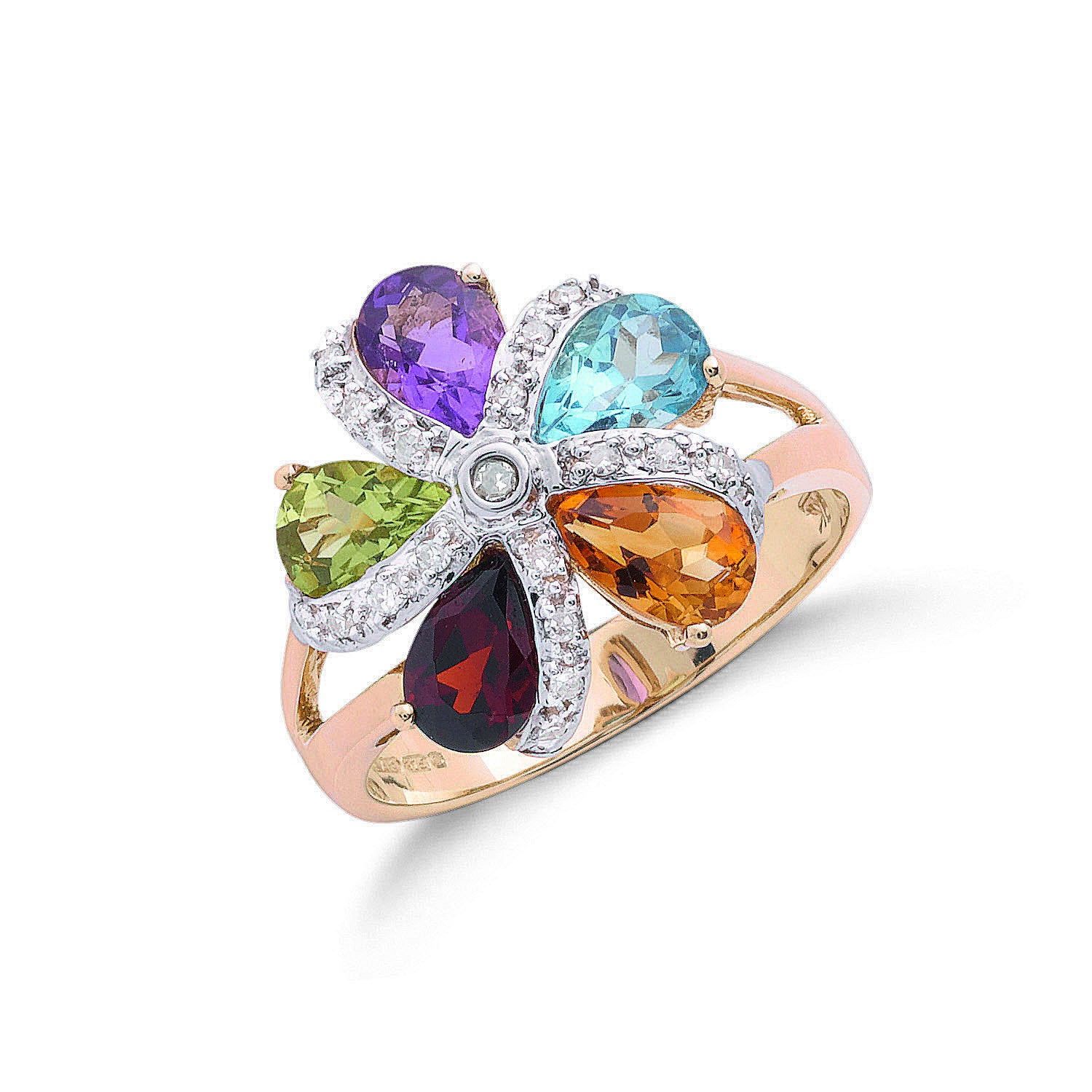 9ct Yellow Gold Diamond & Multi Colour St Flower / Cluster Ring - 9ct Gold