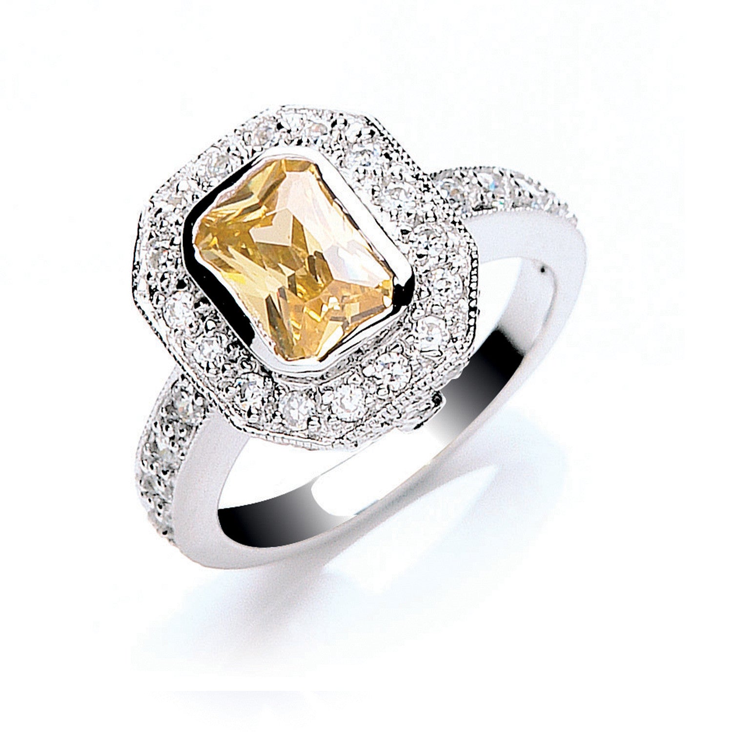 Silver Emerald Cut Yellow & White Cubic Zirconia Cluster Ring - Silver