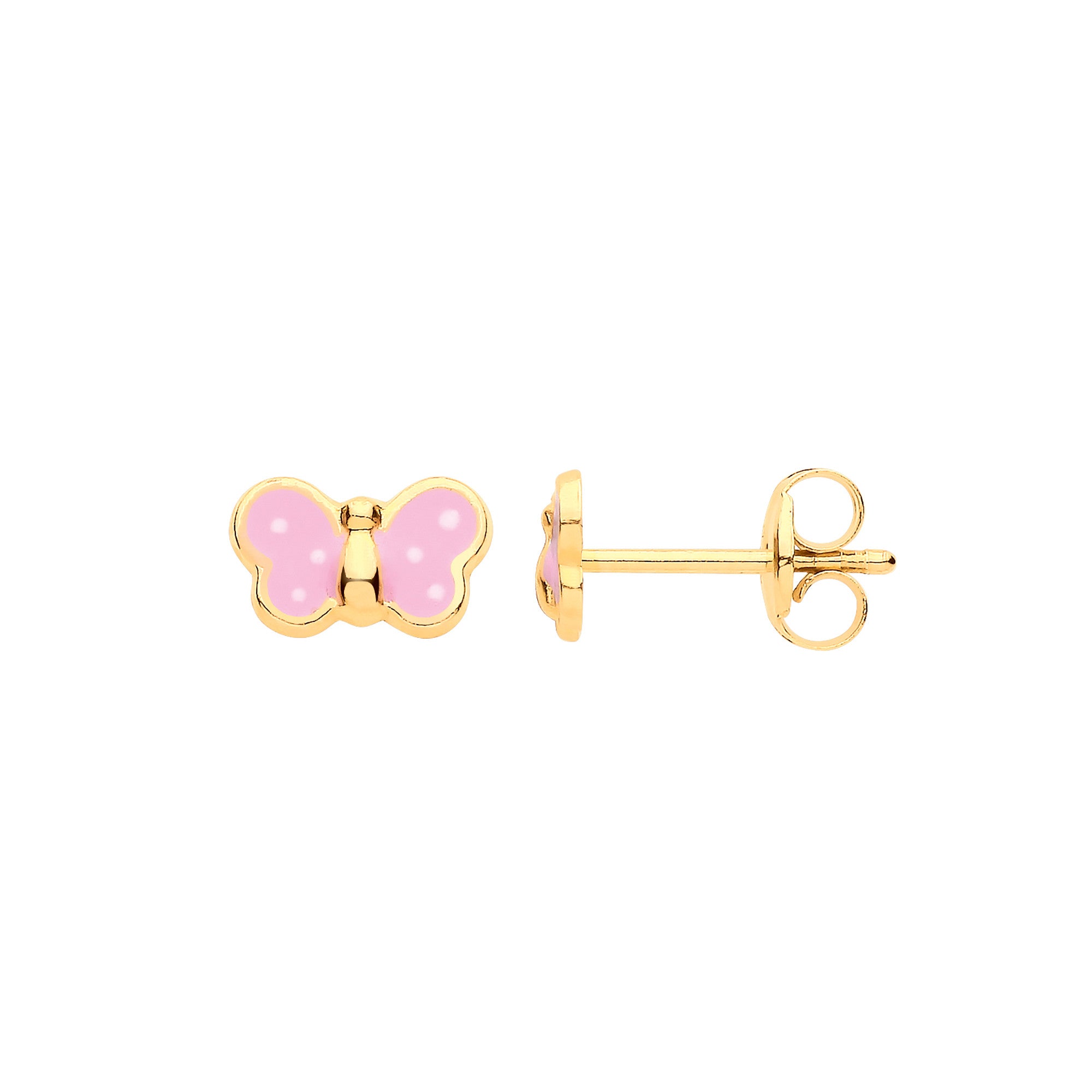 9ct Yellow Gold Enamelled Pink Butterfly Studs - 9ct Gold
