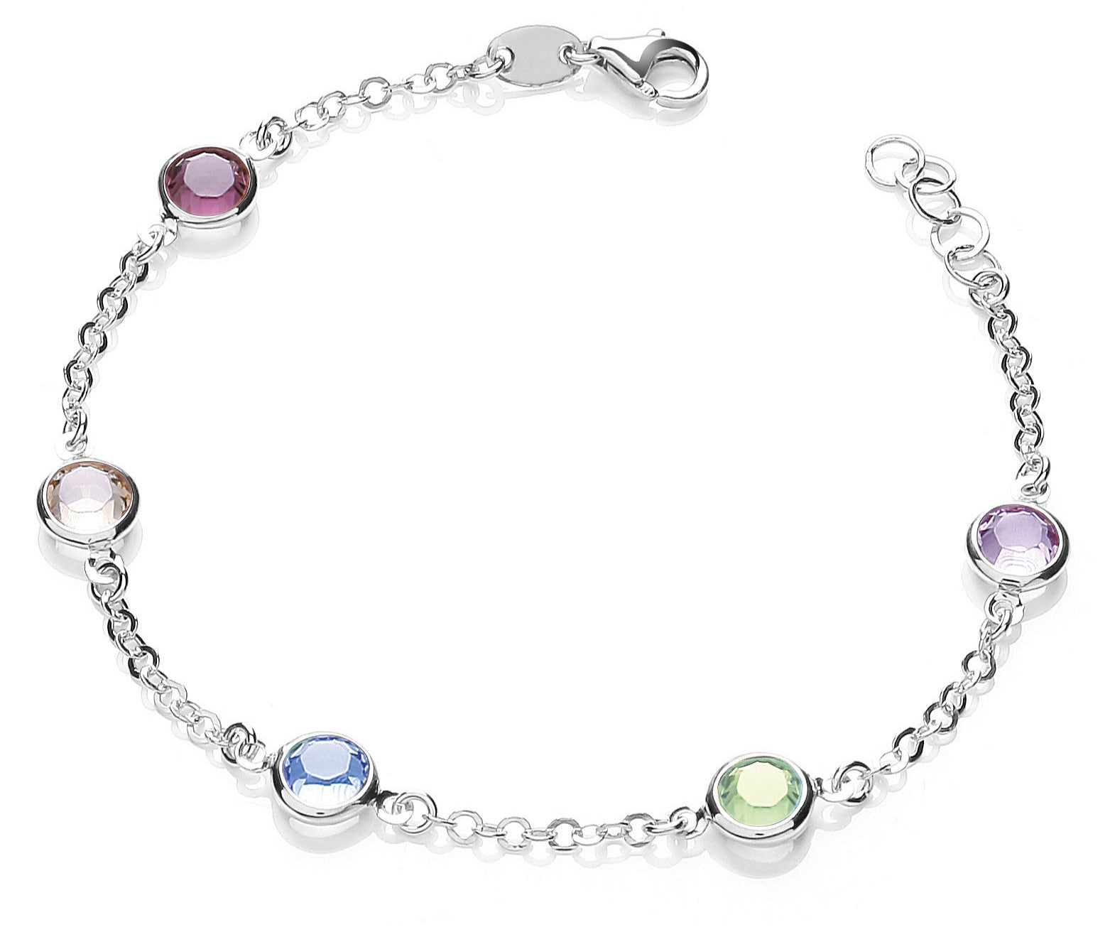 Silver 5 Multi Coloured Rubover Cubic Zirconia's 7"/19cm Bracelet - Silver