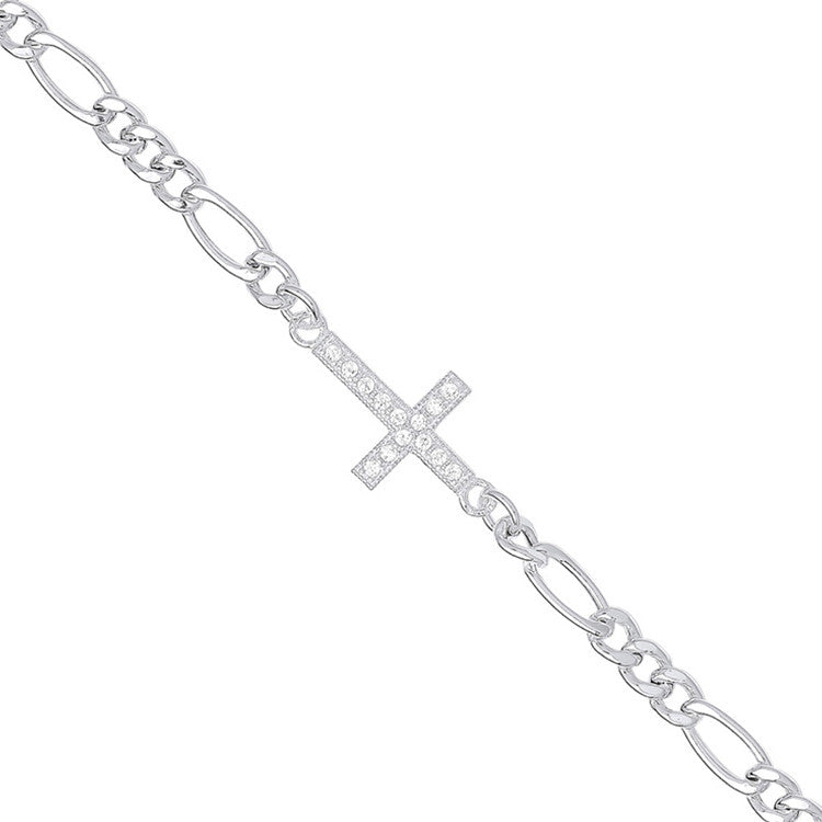 Silver Figaro Chain with Cubic Zirconia Cross Bracelet - Silver