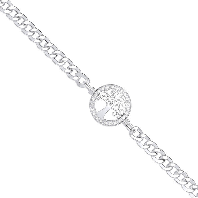 Silver Flat Curb Chain , Cubic Zirconia Tree of Life Bracelet - Silver