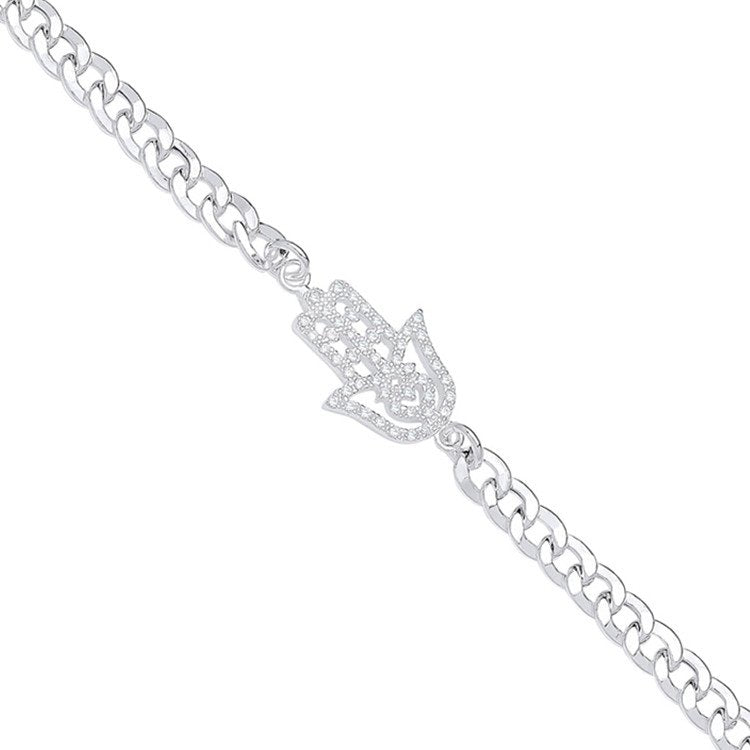 Silver Flat Curb Chain with Cz Hamsa Bracelet