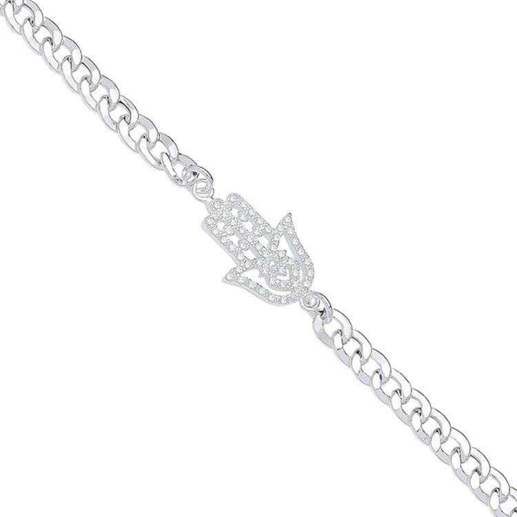 Silver Flat Curb Chain with Cubic Zirconia Hamsa Bracelet - Silver