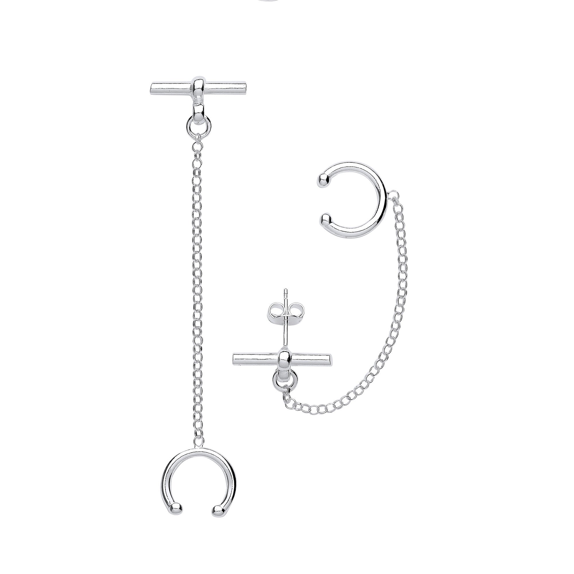 Silver T-Bar with chain Ear Cuff Earrings - Silver