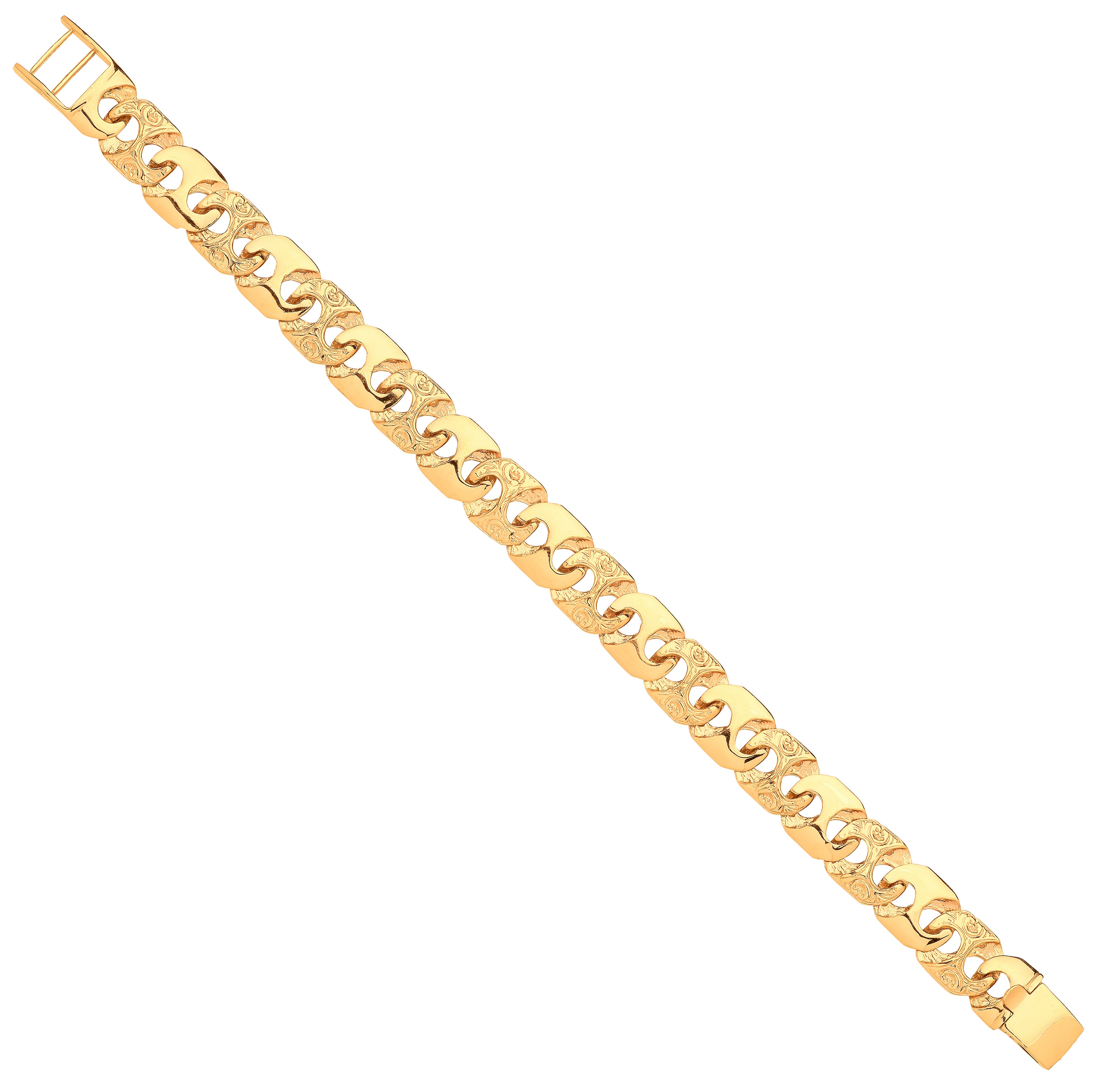 Yellow Gold 12mm Plain & Engraved Anchor Link Gents Bracelet - 9ct Gold