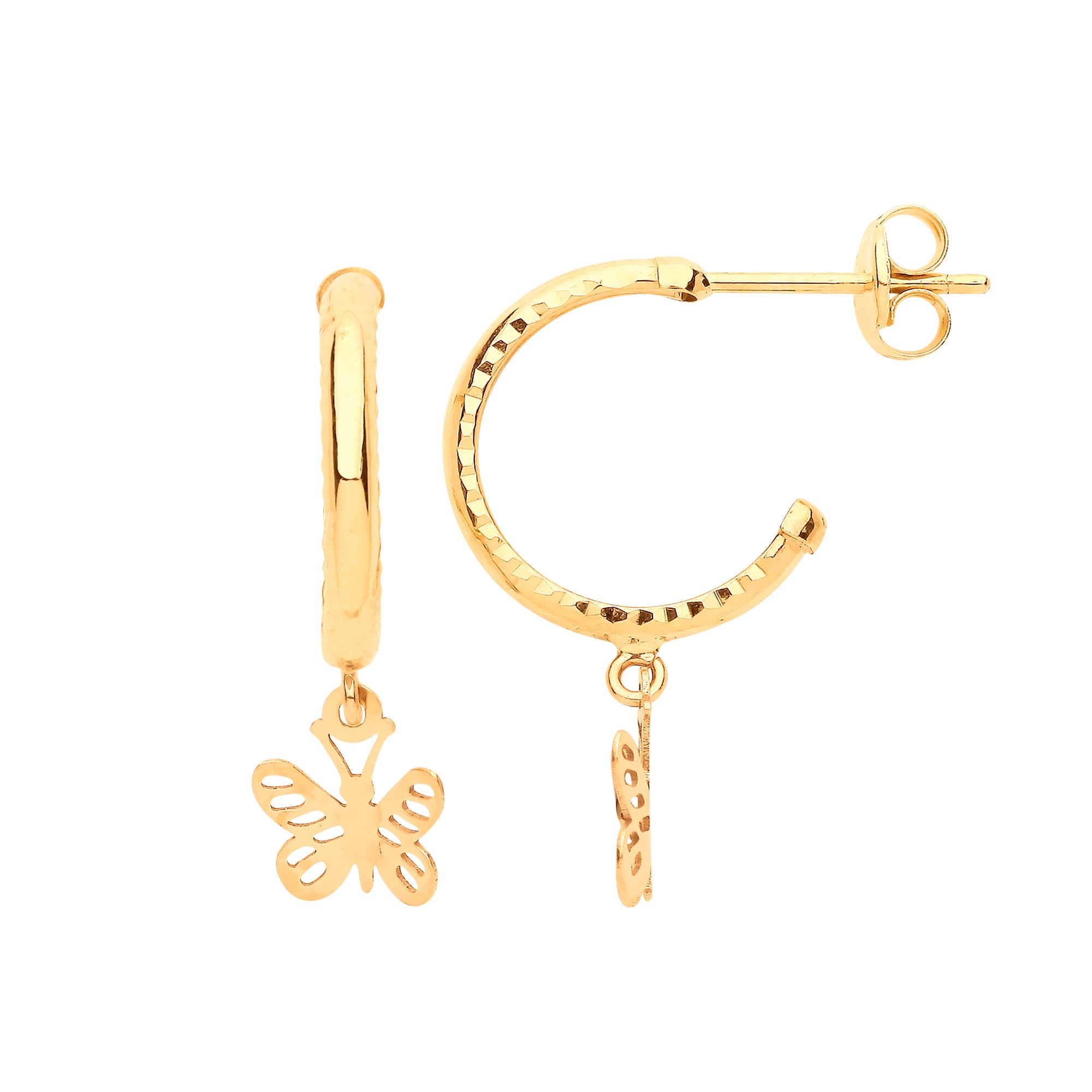 9ct Yellow Gold D/C Hoop Studs with Butterfly Drop - 9ct Gold