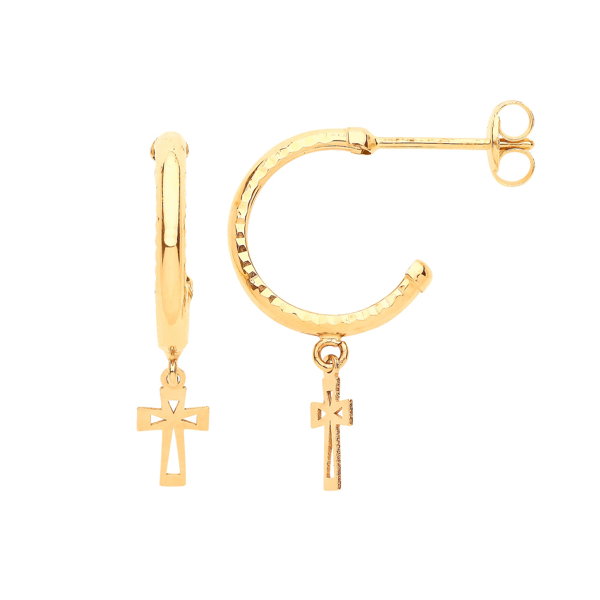 Yellow Gold D/C Hoop Studs with Cross Drop - 9ct Gold