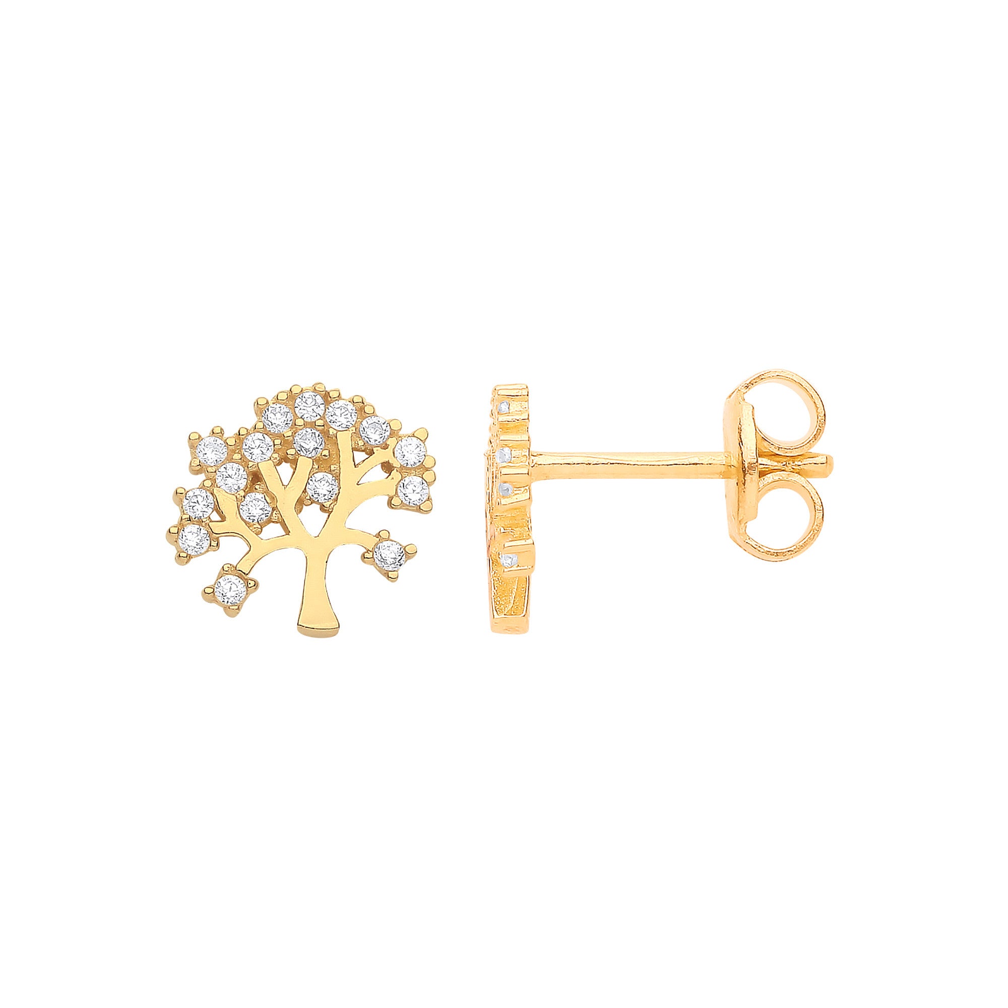 Yellow Gold Tree of Life Stud Cubic Zirconia Earrings - 9ct Gold