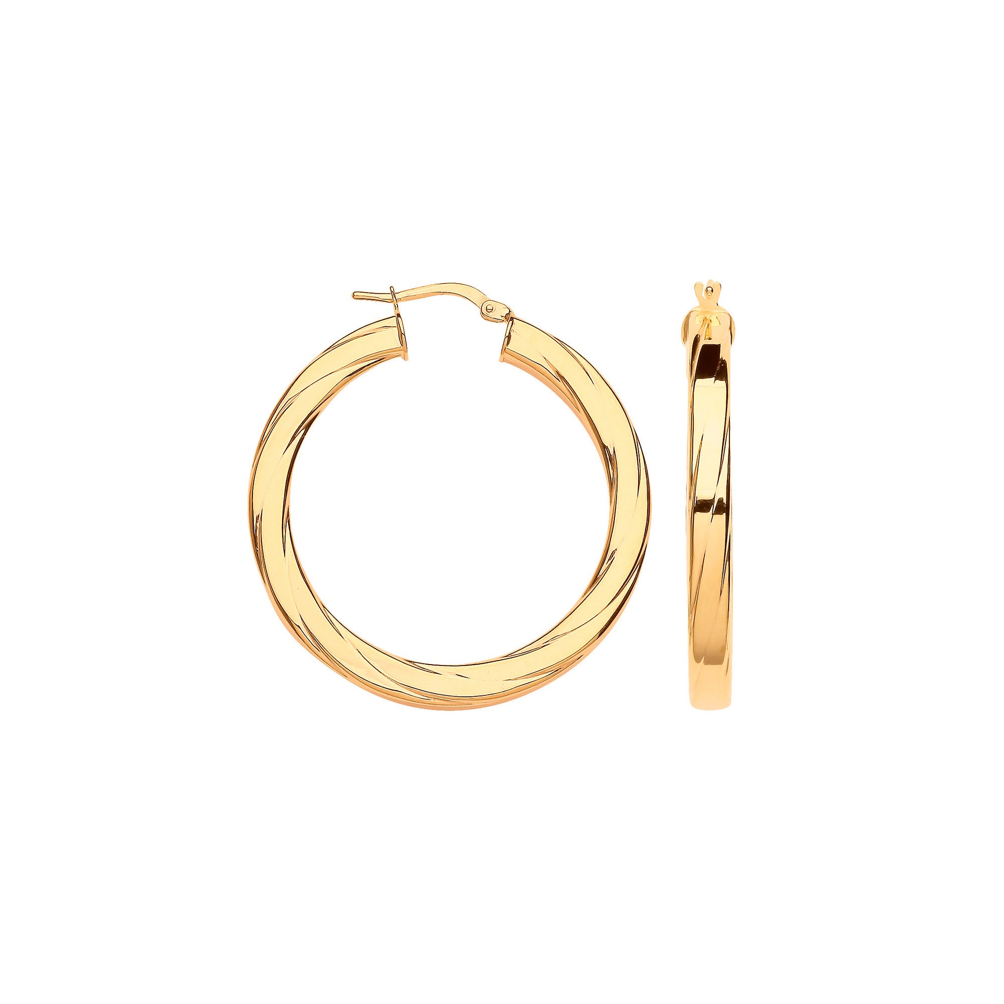 Yellow Gold 38mm Square Tube Ribbed Hoop Earrings - 9ct Gold