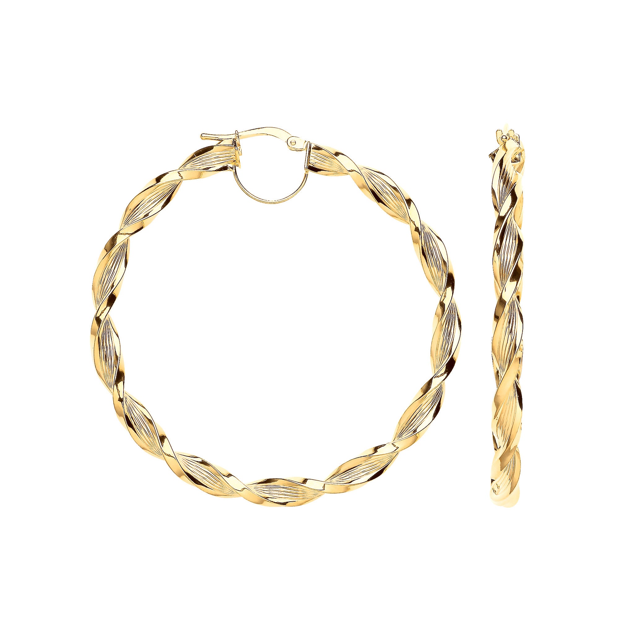 Yellow Gold 50mm Ribbed Twist Hoop Earrings - 9ct Gold