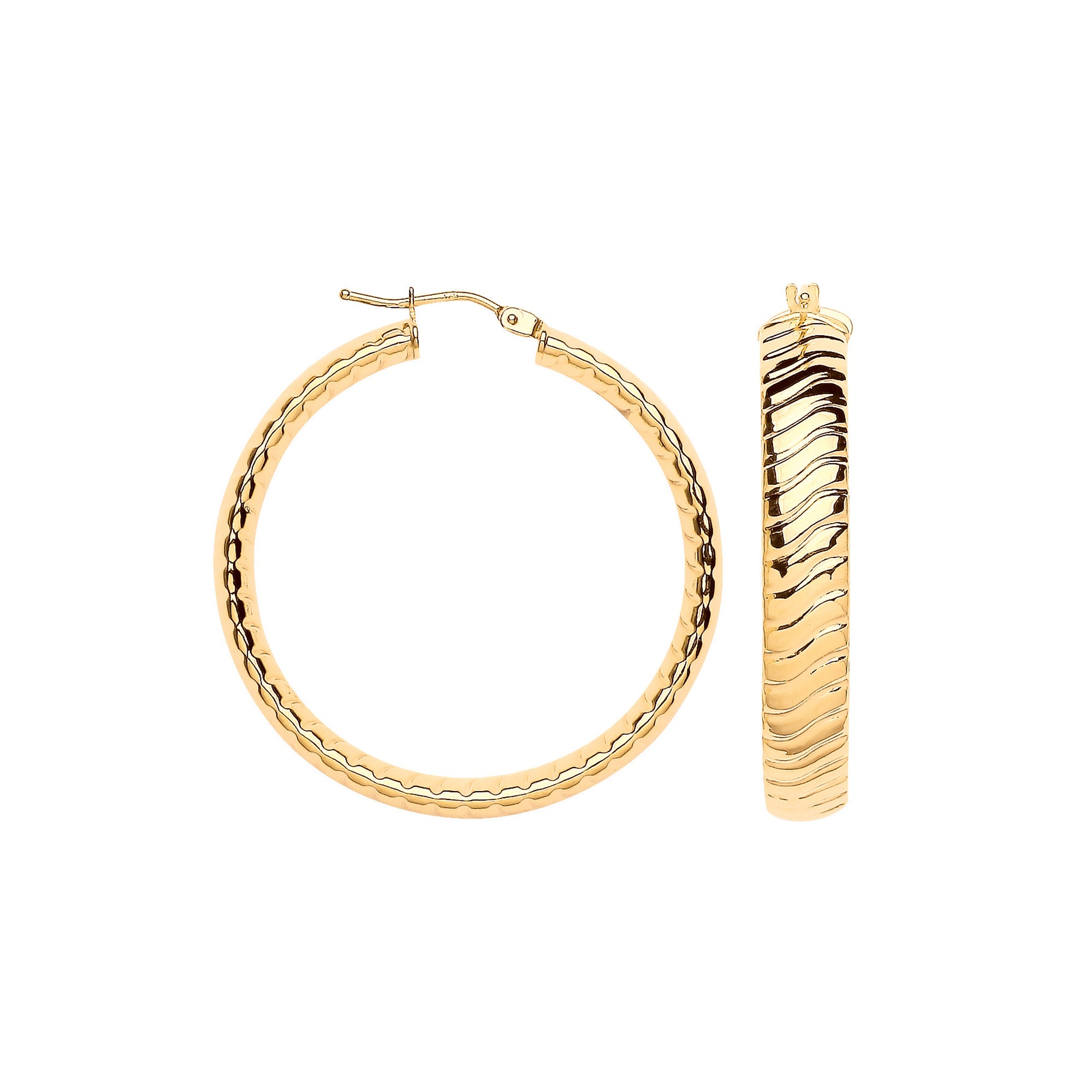 Yellow Gold 36mm Wavy Ribbed Hoop Earrings - 9ct Gold
