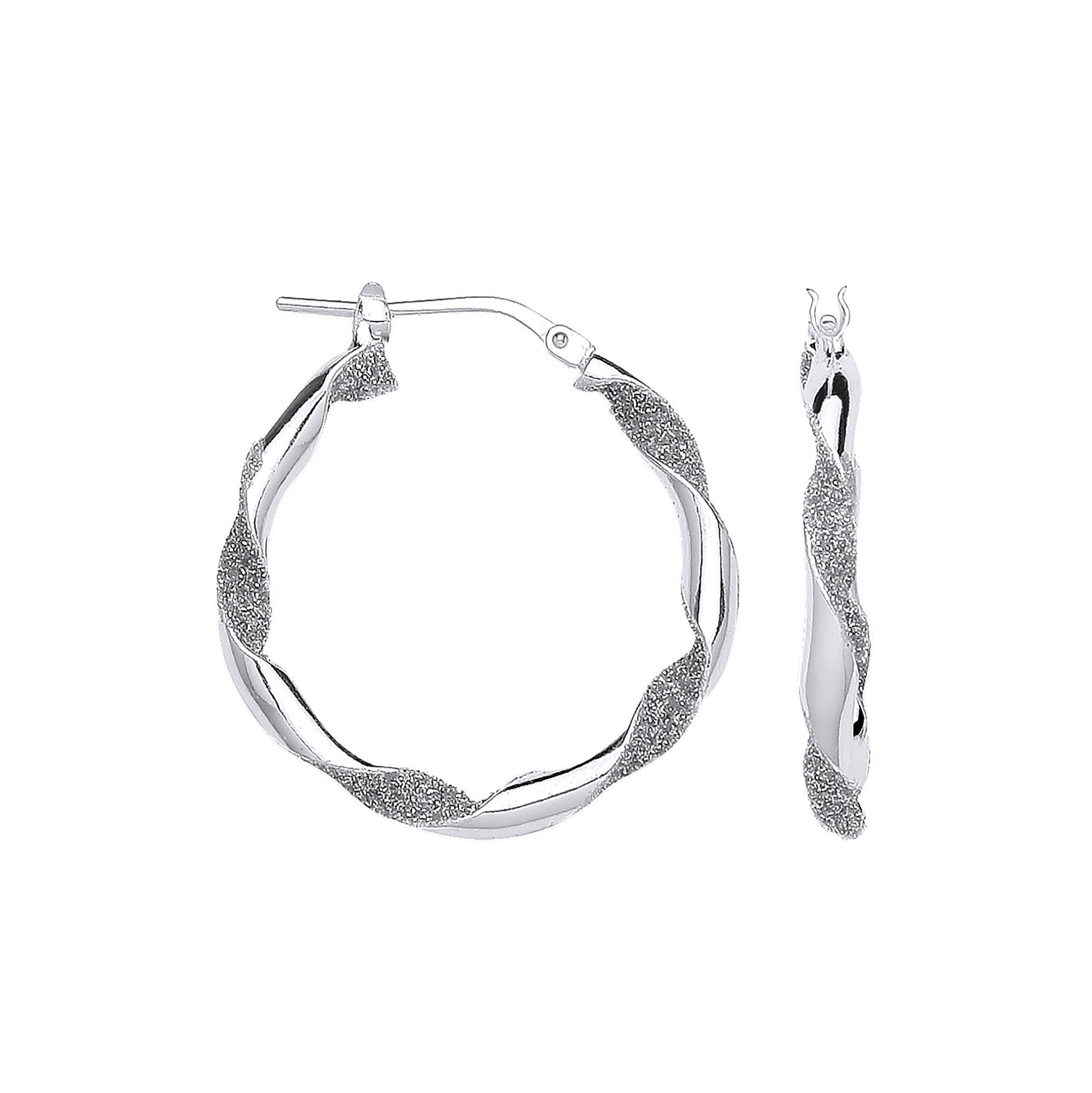 Silver Plain & Glitter 25mm Twisted Hoop Earrings - Silver