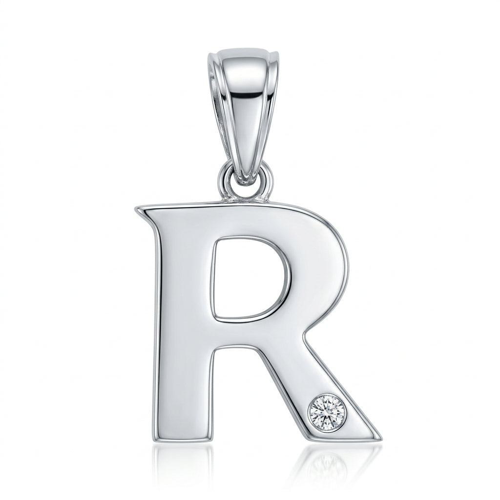 9ct White Gold 0.01ct Diamond R Initial
