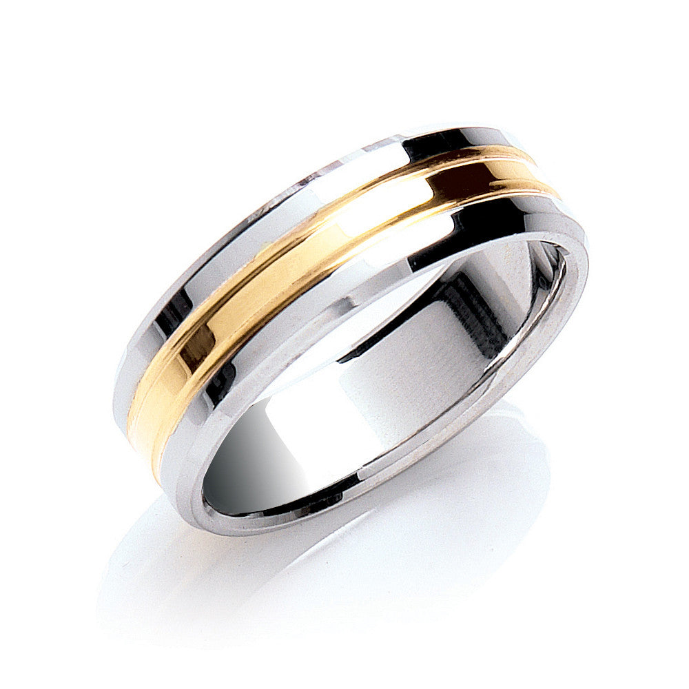 7mm F/C Bevelled Edge Polish Two Colour Wedding Band - 18ct Gold