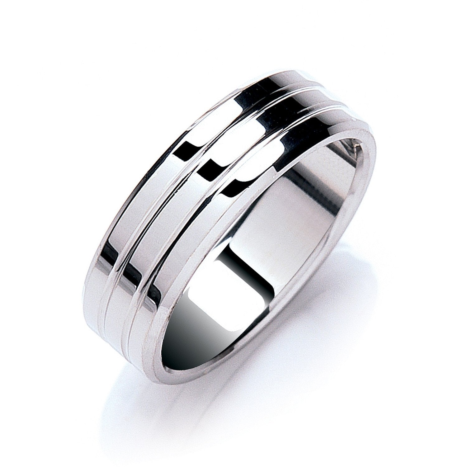 7mm Flat Court Bevelled Edge & Grooves Wedding Band