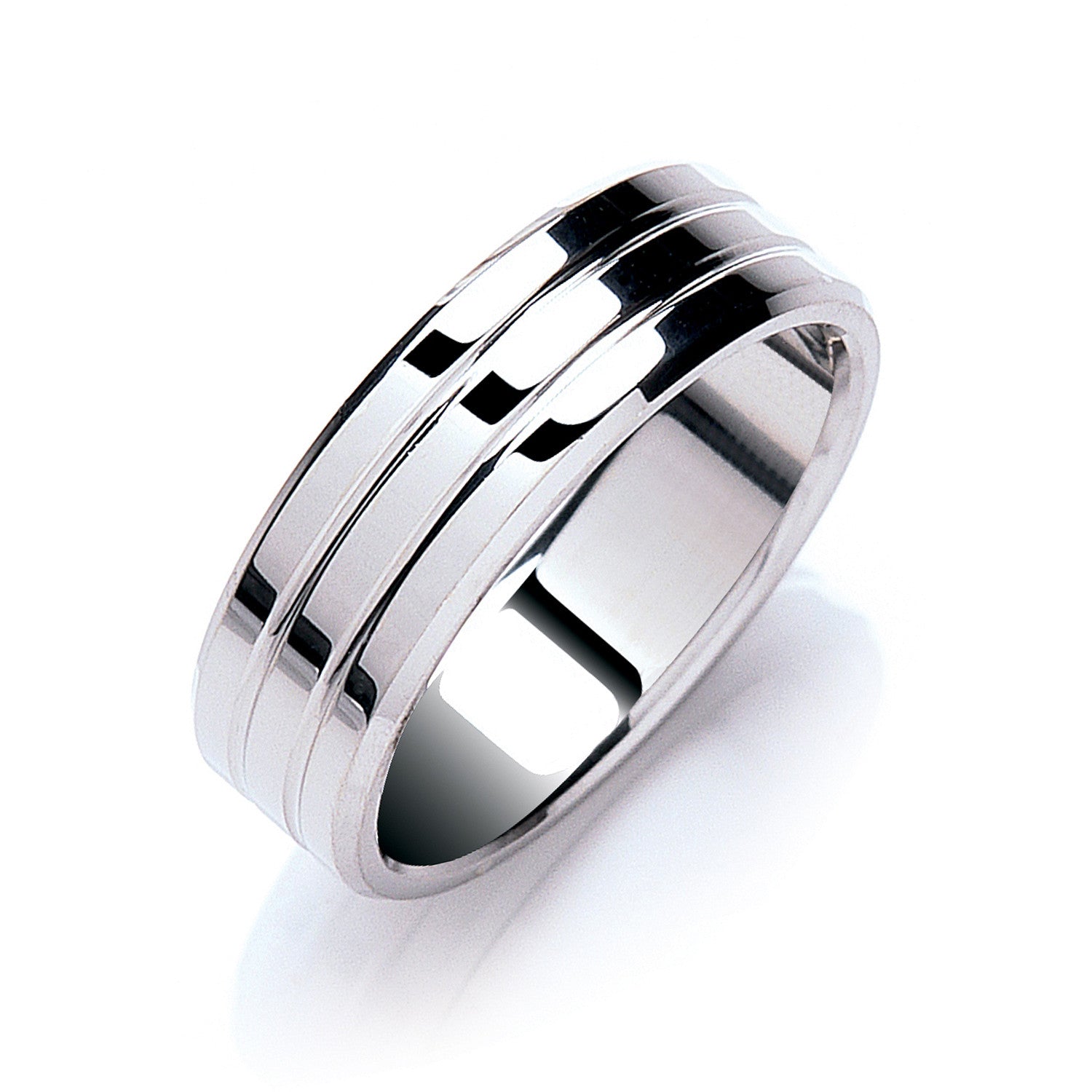 7mm Flat Court Bevelled Edge & Grooves Wedding Band - 9ct Gold