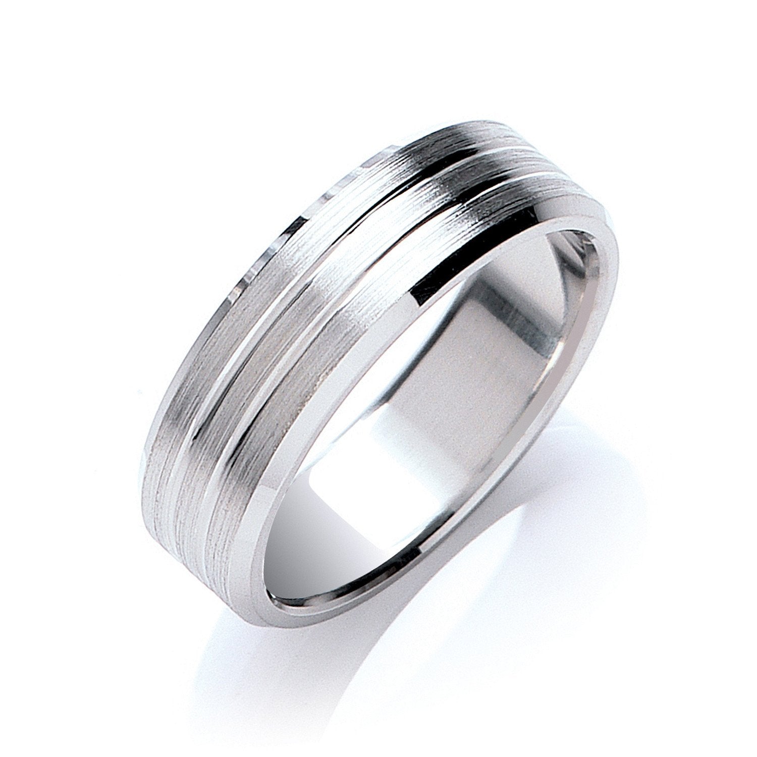 7mm Flat Court Bevelled Edge Matt & Grooves  Wedding Band