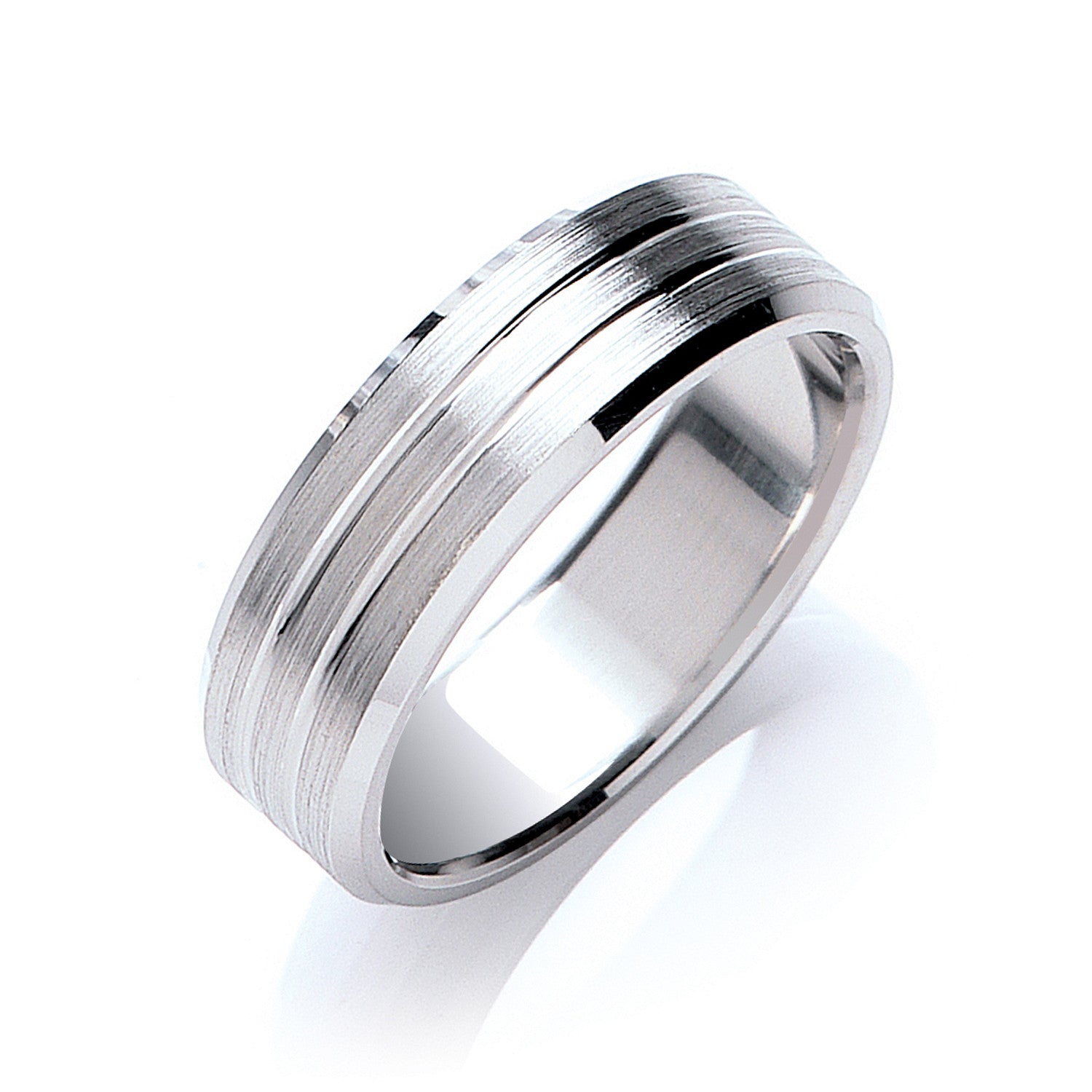 7mm Flat Court Bevelled Edge Matt & Grooves Wedding Band - 18ct Gold