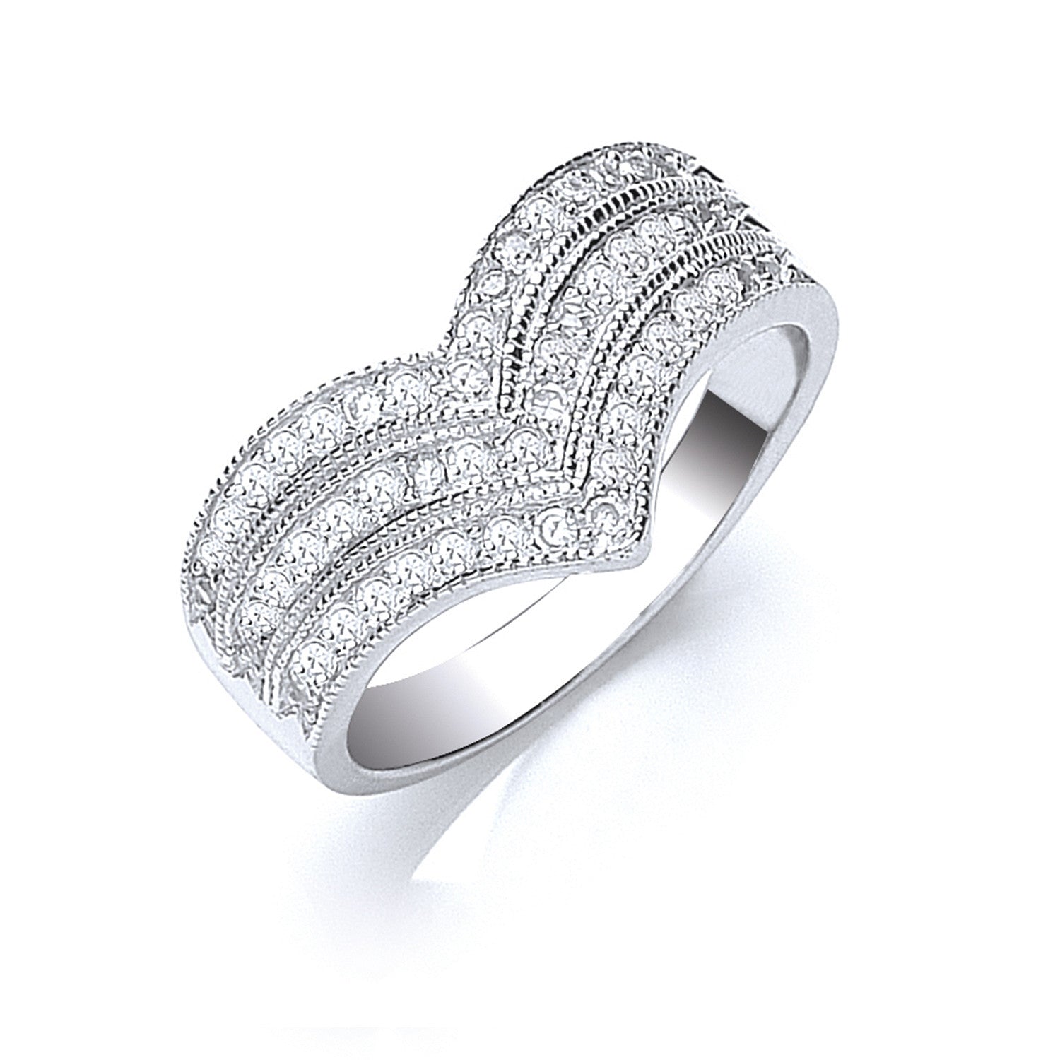 Silver Pave Set Cubic Zirconia Triple Wishbone Ring - Silver