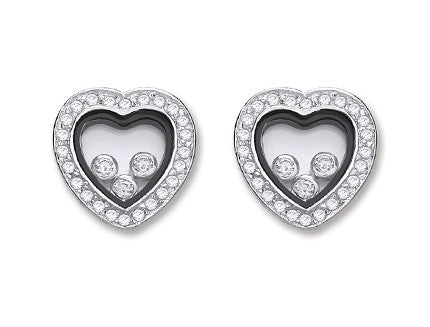 Silver Floating Cubic Zirconia Heart Stud Earrings - Silver