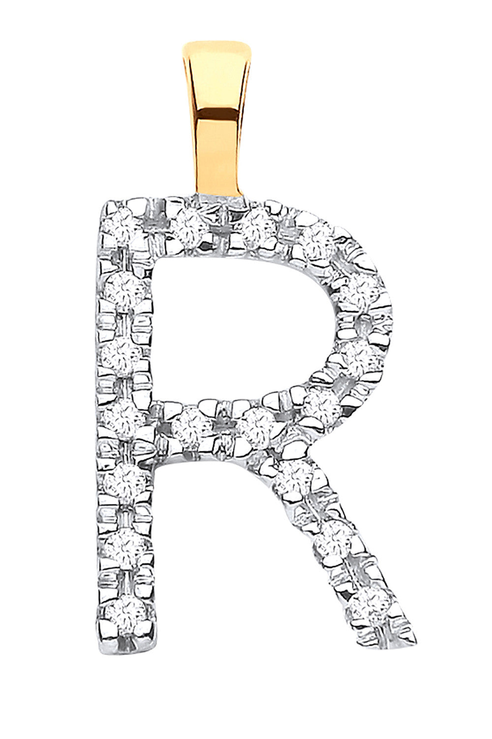 Or jaune 9 carats, diamant 0,05 carat, initiale R - Or 9 carats