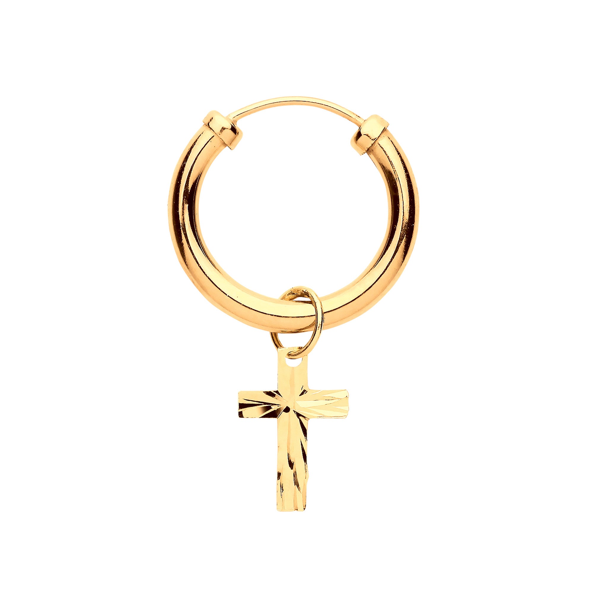 Yellow Gold Sleeper with Cross Charm Men's Single Earring - 9ct Gold