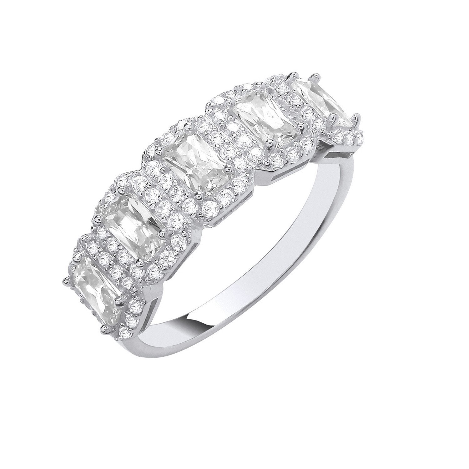 Silver 5 Emerald Cut CZs Halo Ring