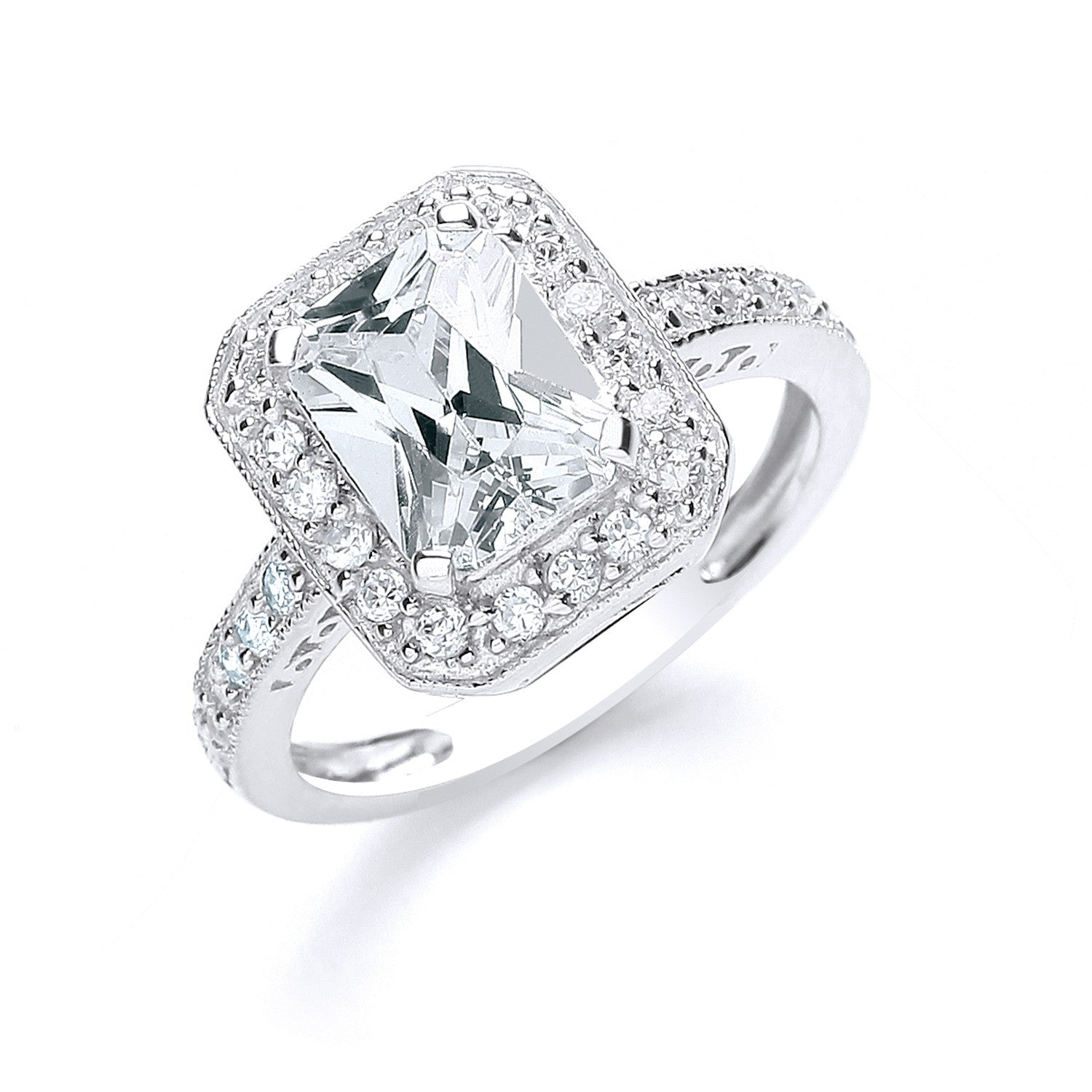 Silver Emerald Cut with Cubic Zirconia Surrounding & Shoulders Ring - Silver