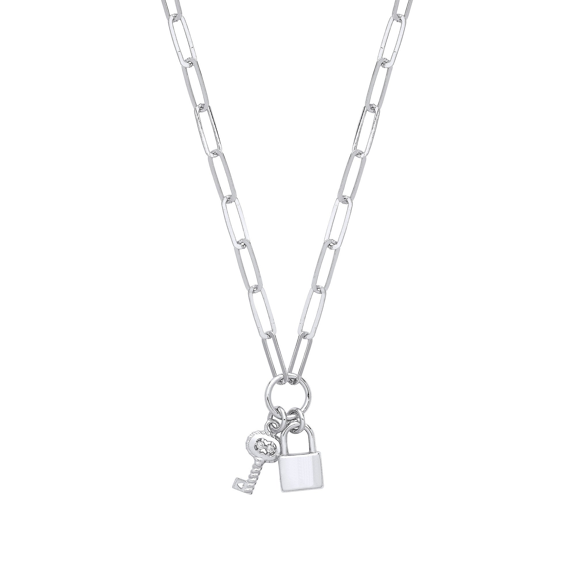 Silver Paper Clip Chain , Padlock & Cubic Zirconia Key Necklace - Silver