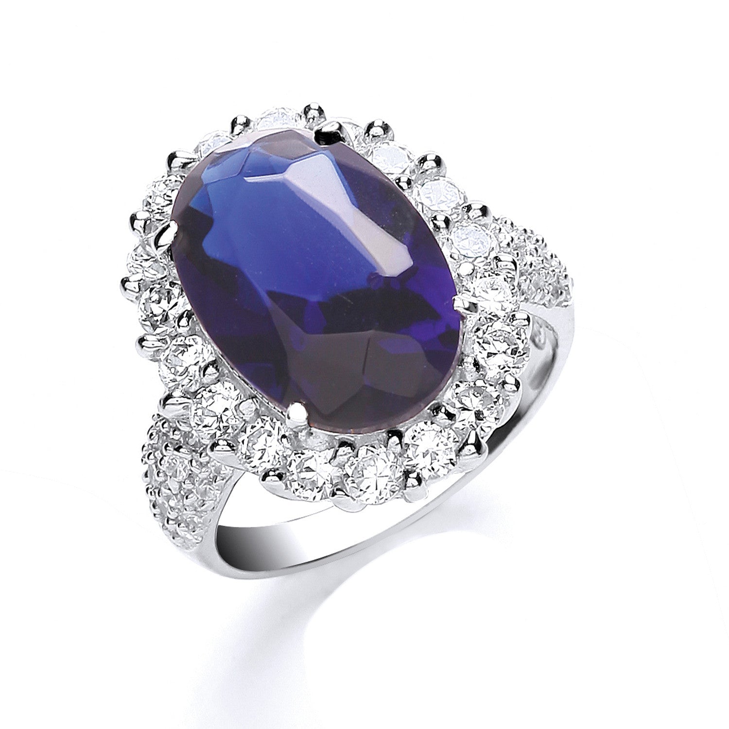 Silver Blue Oval S/S Cubic Zirconia with Cubic Zirconia Surrounding/Shld Ring - Silver