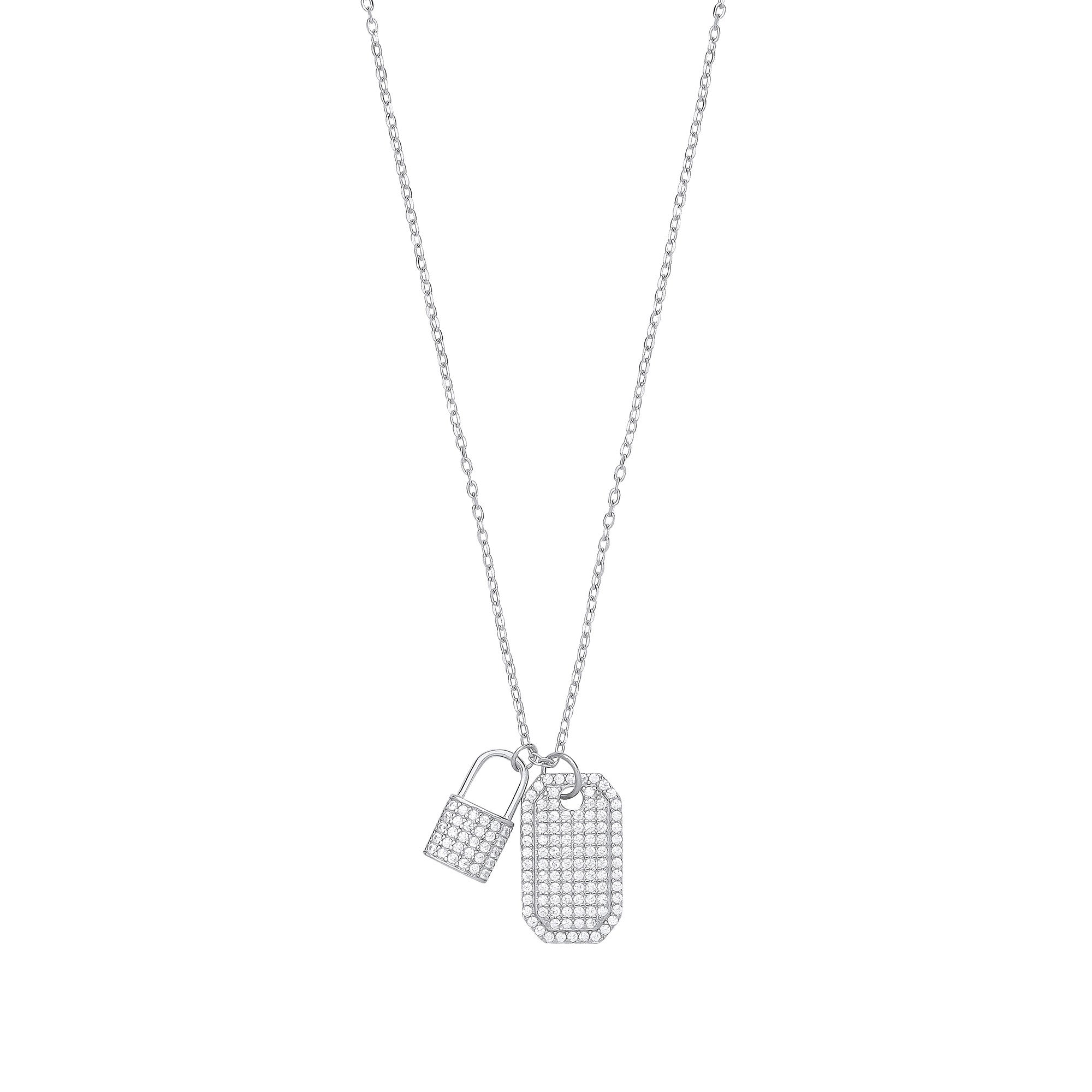 Silver Cubic Zirconia Padlock & Dog Tag Necklace - Silver