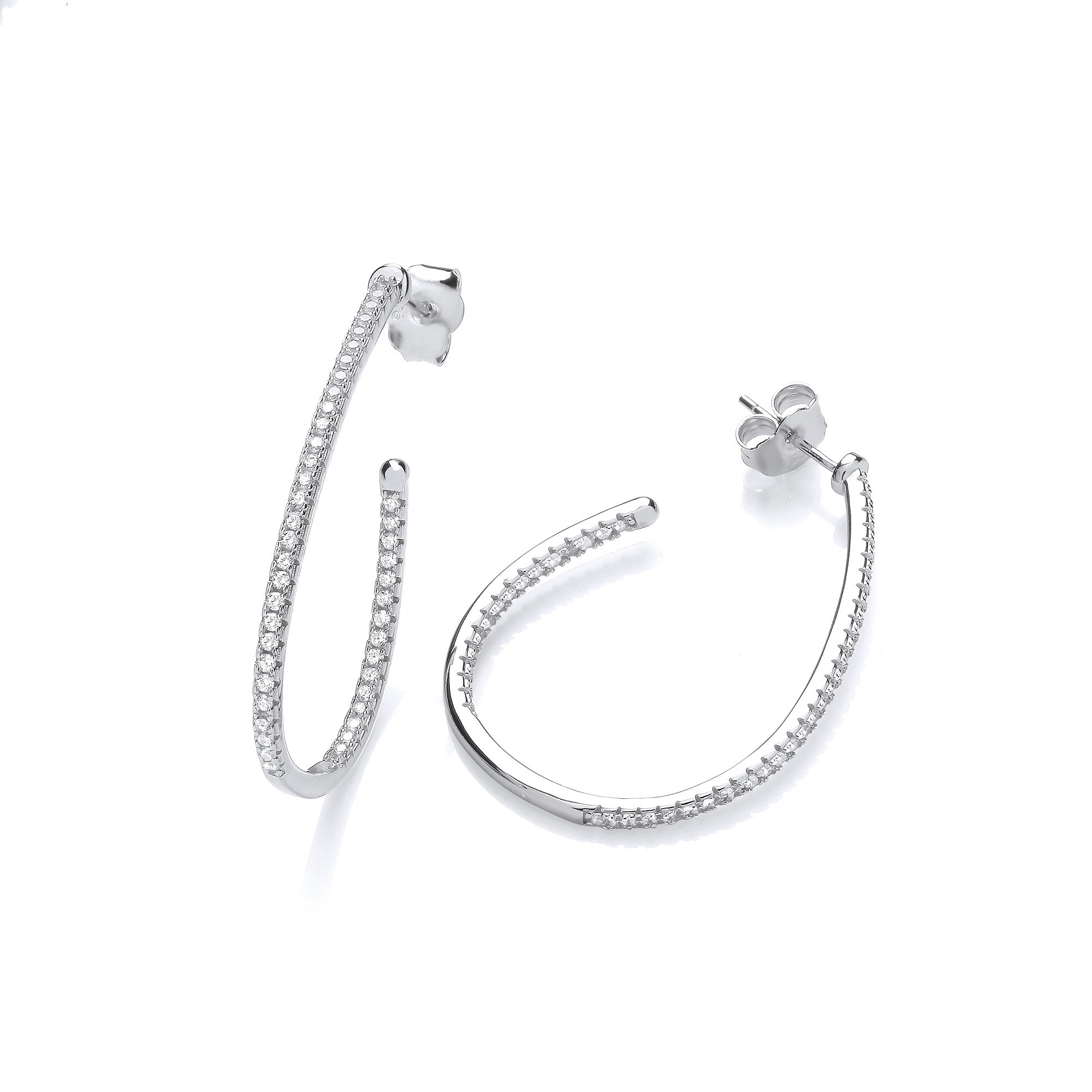 Half Hoop, Teardrop Cubic Zirconia Earrings - Silver