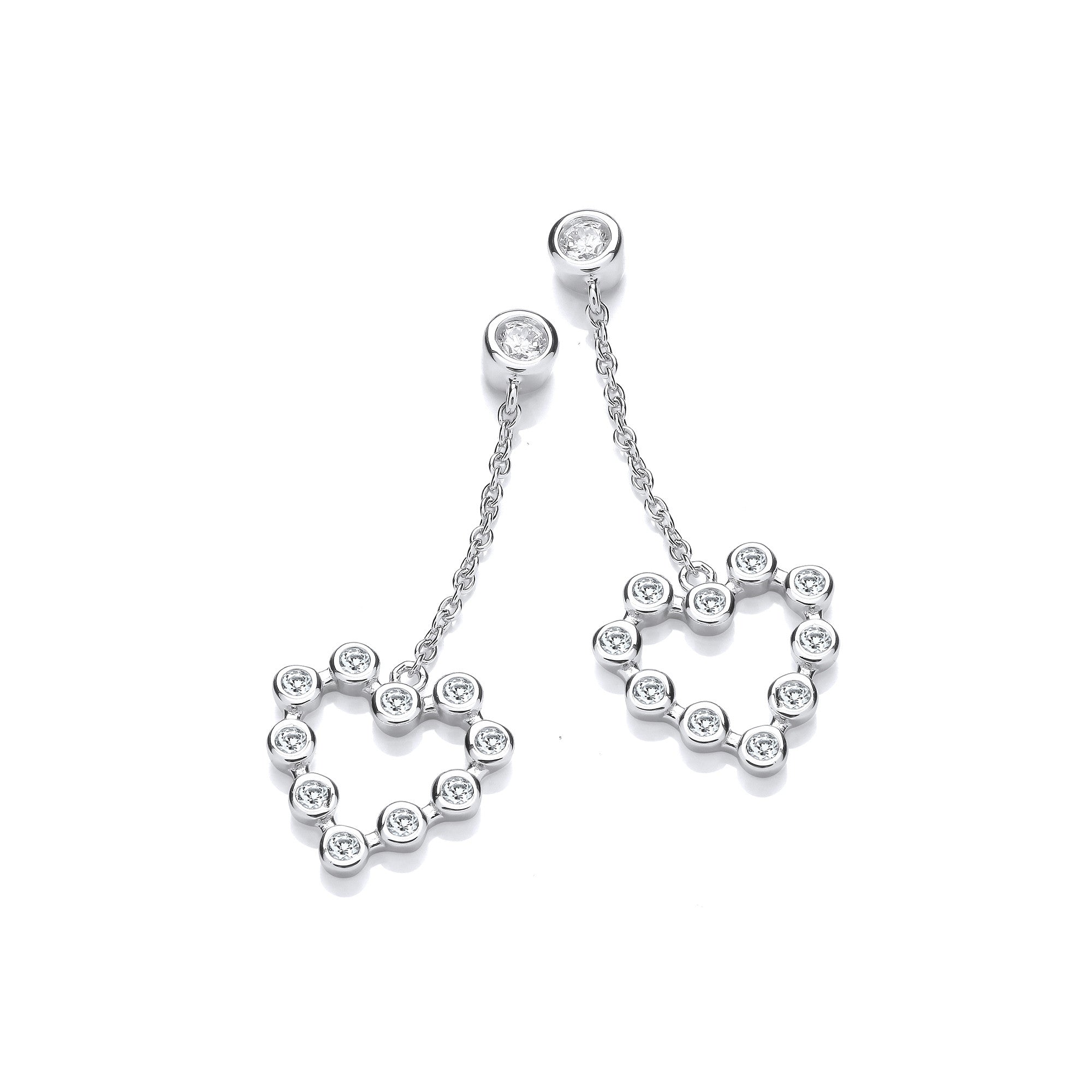 Silver Heart Rubover Cubic Zirconias Chain Drop Earrings - Silver