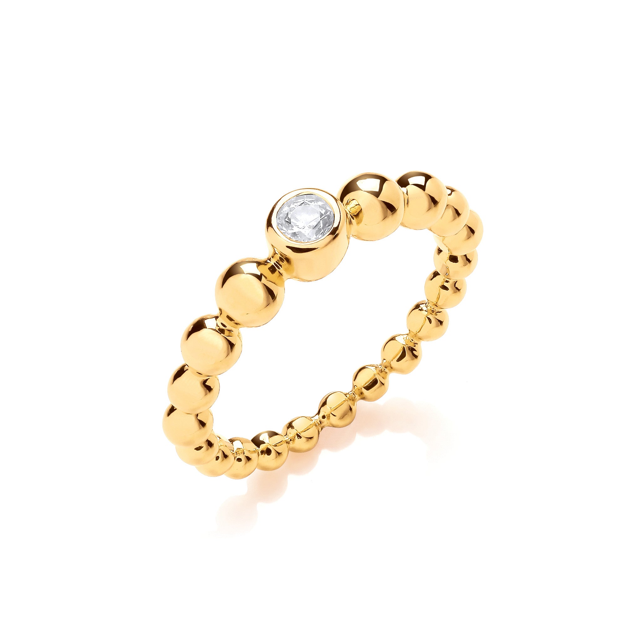 S/S Cubic Zirconia Beaded Yellow Gold Plated Silver Ring - Silver