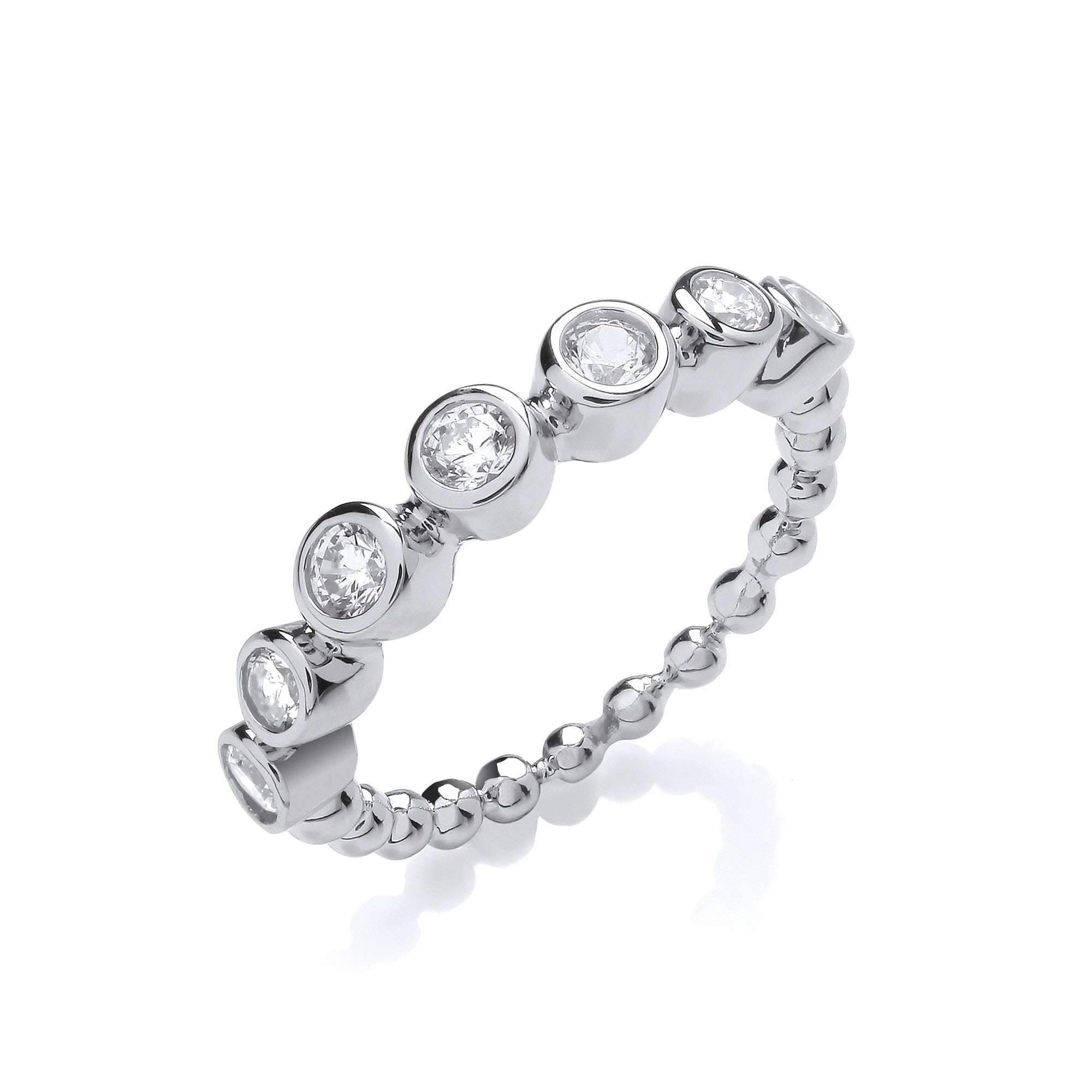 Seven Cubic Zirconias Beaded Silver Ring - Silver