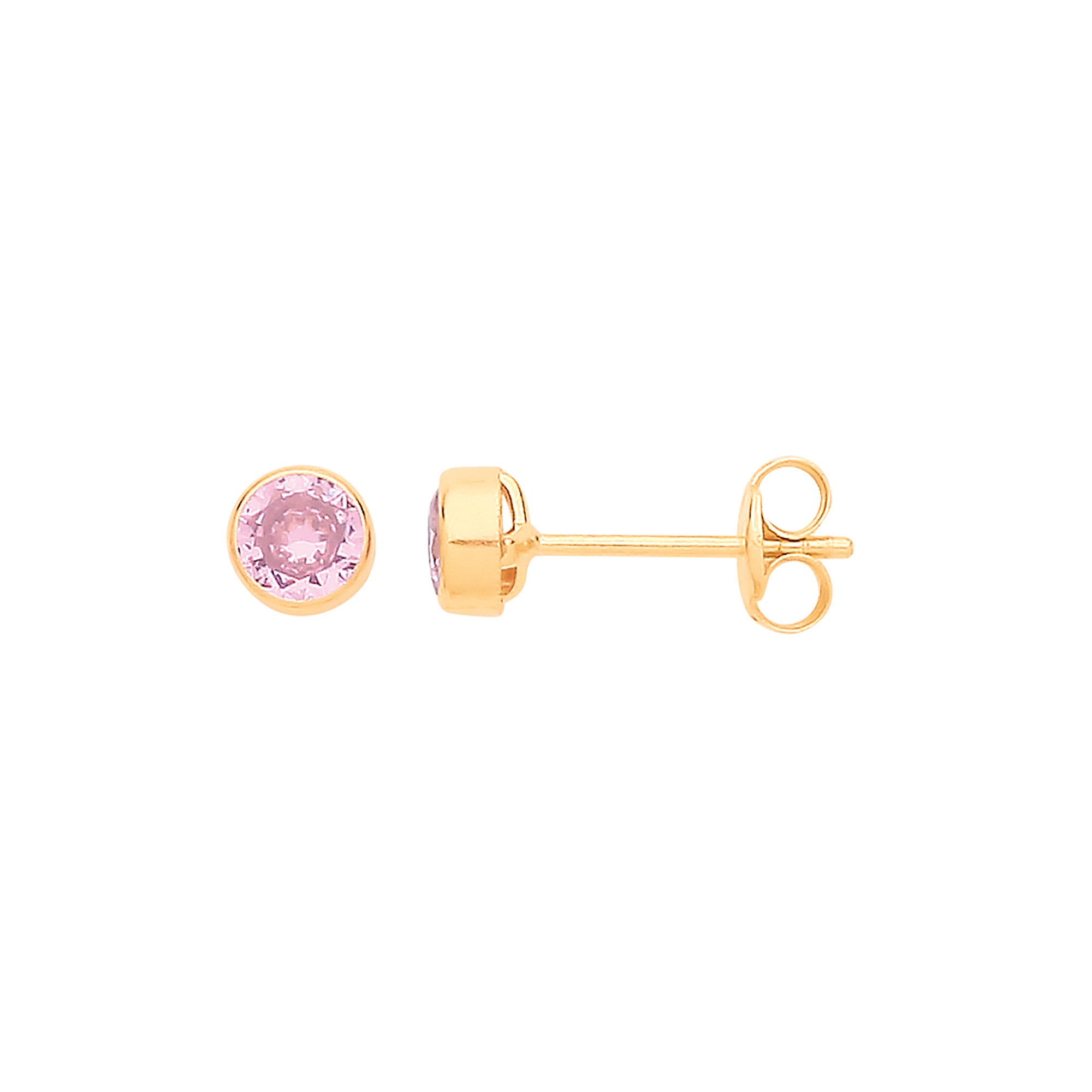 9ct Yellow Gold 4mm Rubover Set Pink Cubic Zirconia Studs - 9ct Gold