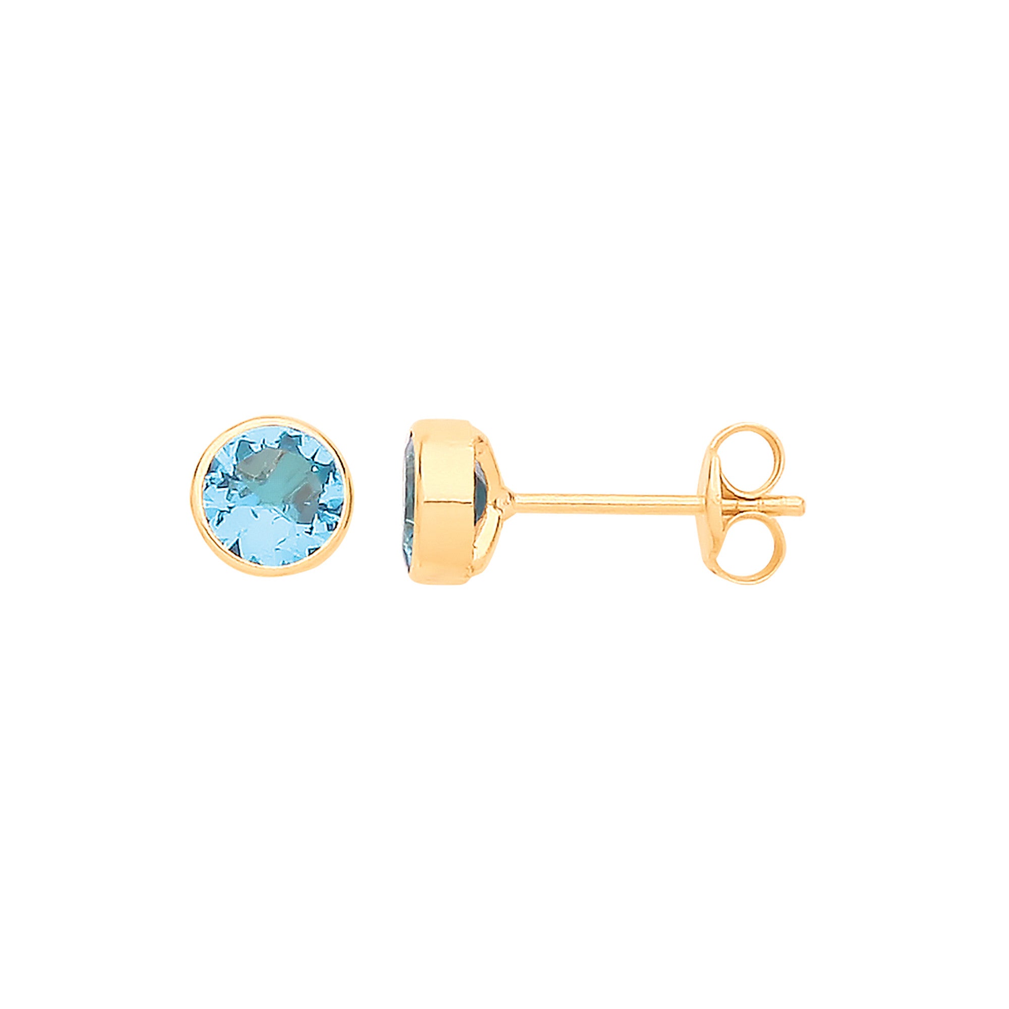 9ct Yellow Gold 5mm Rubover Set Blue Cubic Zirconia Studs - 9ct Gold