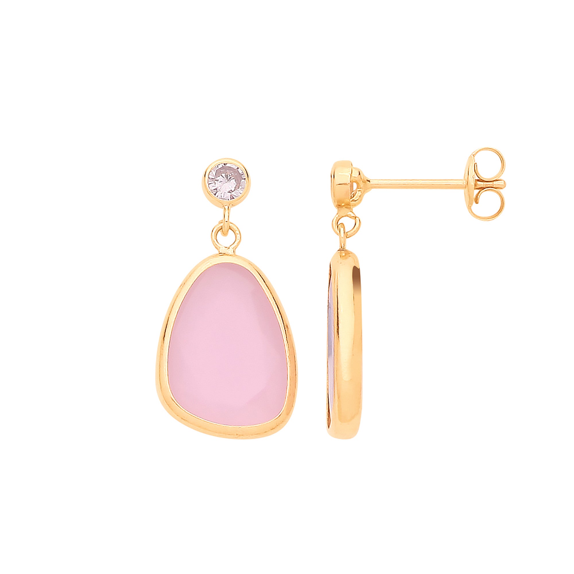 9ct Yellow Gold Cubic Zirconia and Pink Glass Drop Studs - 9ct Gold
